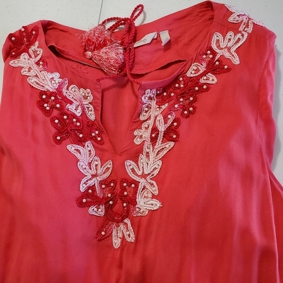Soft Surroundings Floral Embroidered Tunic Size M Beaded Tassel Tie Top Beach - Picture 5 of 12